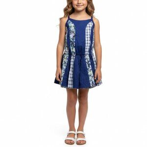 Catimini Girls Size 10 Blue Floral Striped Patchwork Sleeveless Ruffle Dress